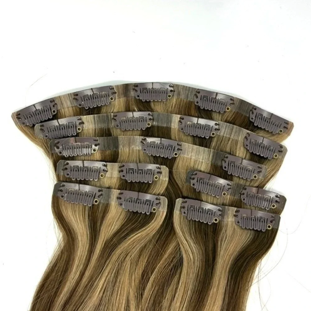 Glam Seamless Invisi Clip Human Hair Extensions 4/27 Brown Blonde 140g 18